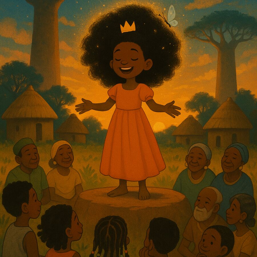 Narimane entourée des anciens du village, contes et sagesse au coucher du soleil
